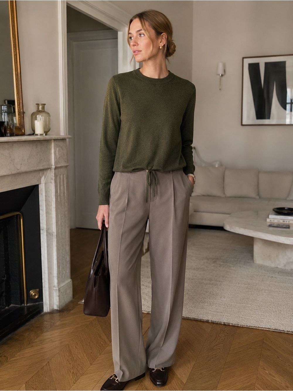 Nicole Miller New York 100% Extra Fine Merino Wool Sweater Olive Green Size S